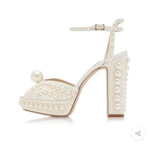 OPULENT PEARL EMBELLISHED PEEP TOE PLATFORM BLOCK HEEL SANDALS - WHITE